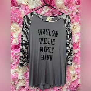Hank, Willie, Merle, Waylon, baseball style shirt. New with tags. Size Large